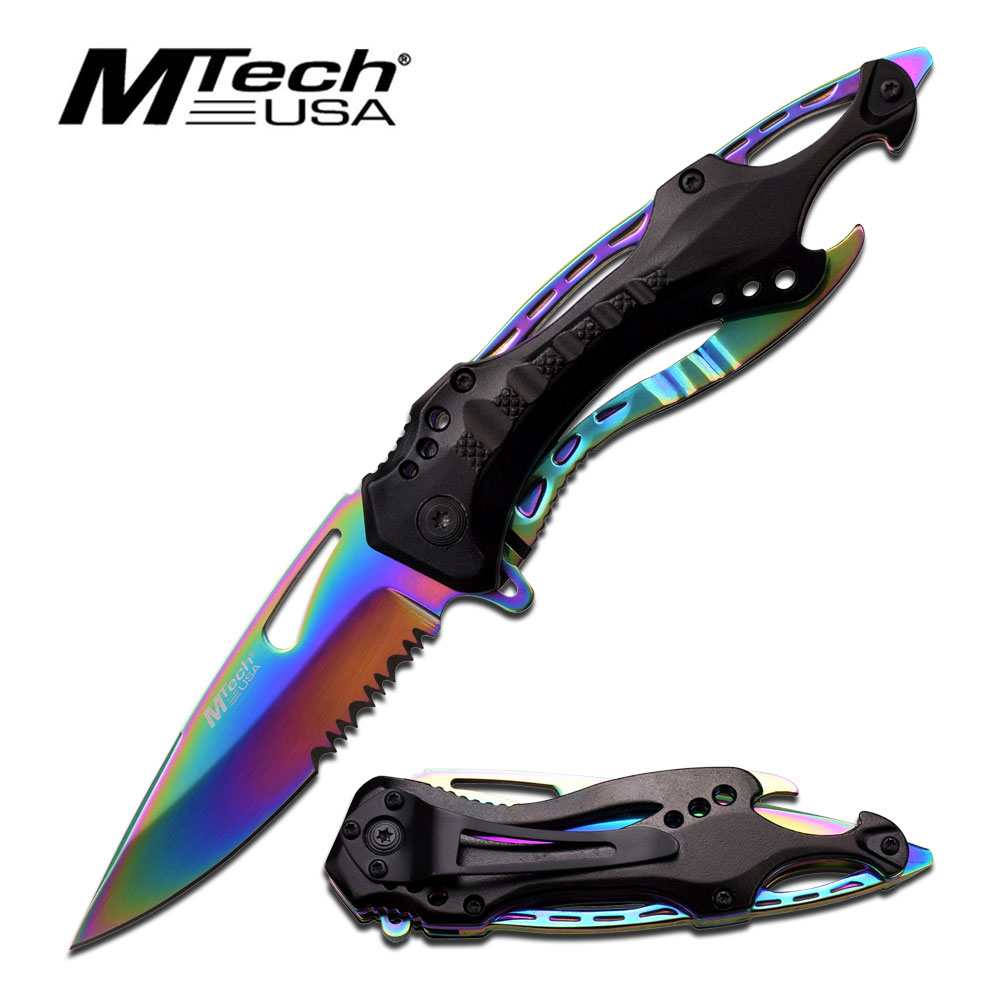 Mtech USA Tactical Folding Knife - Titanium Coated RAINBOW Blade